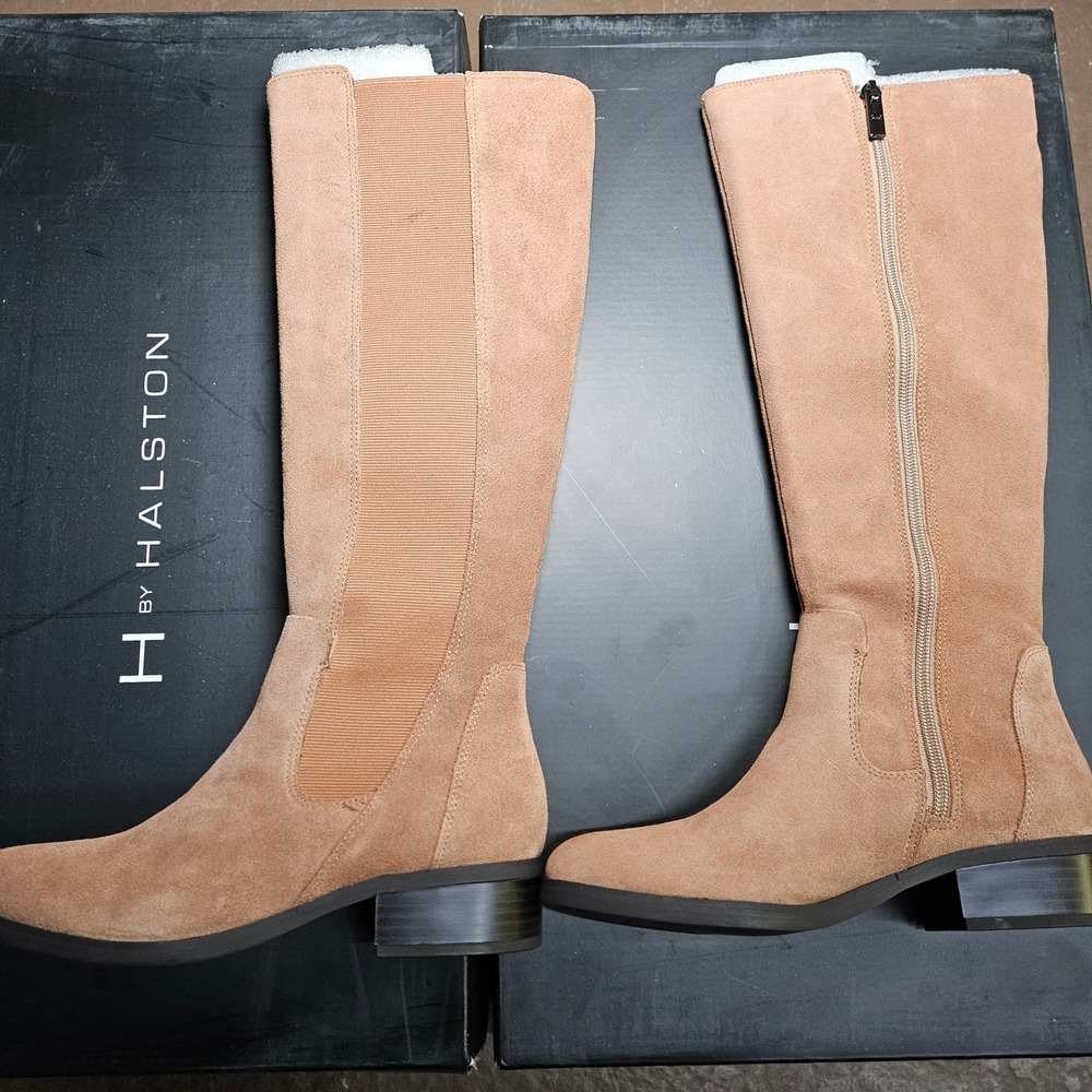 H by Halston Naomi Suedeβ Knee High Boots Tan Elastic Side Zip Block Heel 6.5M